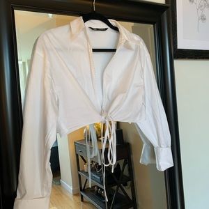 Zara White Tie Waist Crop Top